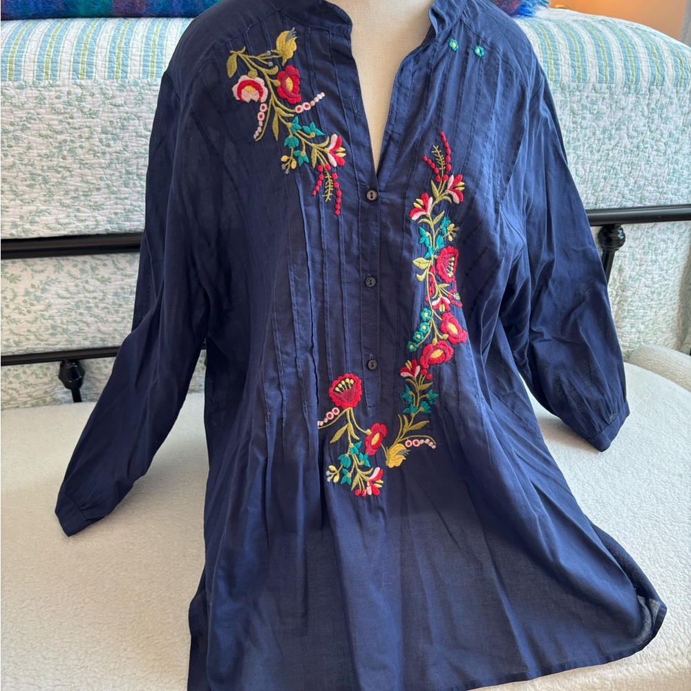 Johnny Was Blue Embellished Blouse with Mandarin Collar